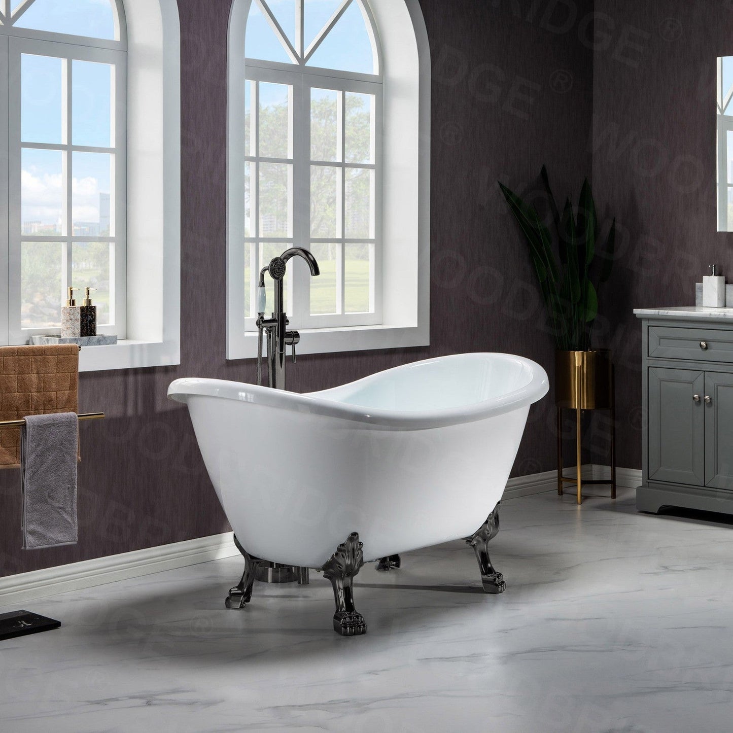 WoodBridge BTA1540 59" White Heavy Duty Acrylic Double Slipper Clawfoot Bathtub With Matte Black Feet, Drain, Overflow, F0072MBDR Tub Filler and Caddy Tray