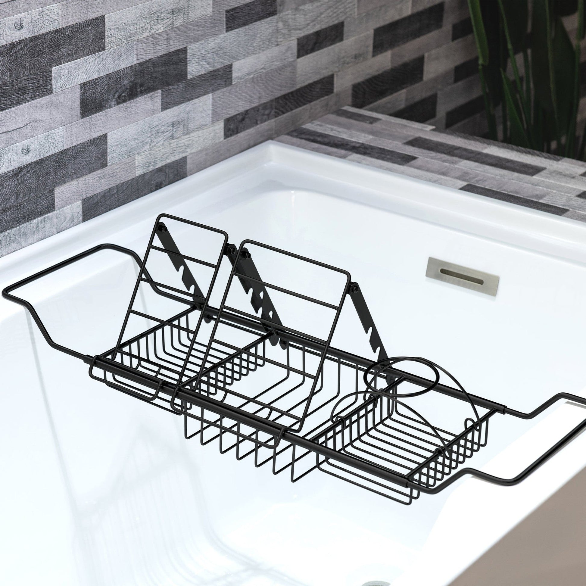 WoodBridge BTA1540 59" White Heavy Duty Acrylic Double Slipper Clawfoot Bathtub With Matte Black Feet, Drain, Overflow, F0072MBSQ Tub Filler and Caddy Tray