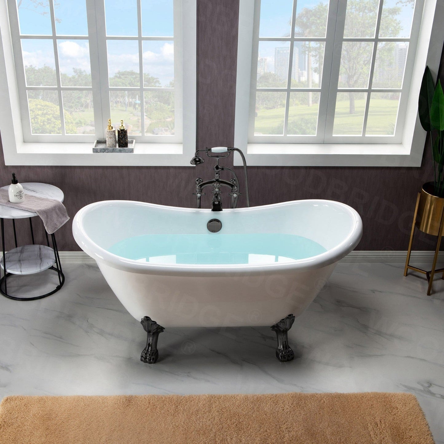 WoodBridge BTA1540 59" White Heavy Duty Acrylic Double Slipper Clawfoot Bathtub With Oil Rubbed Bronze Feet, Drain and Overflow