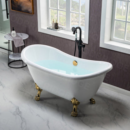 WoodBridge BTA1540 59" White Heavy Duty Acrylic Double Slipper Clawfoot Bathtub With Polished Gold Feet, Drain, Overflow, F-0019PG Tub Filler and Caddy Tray