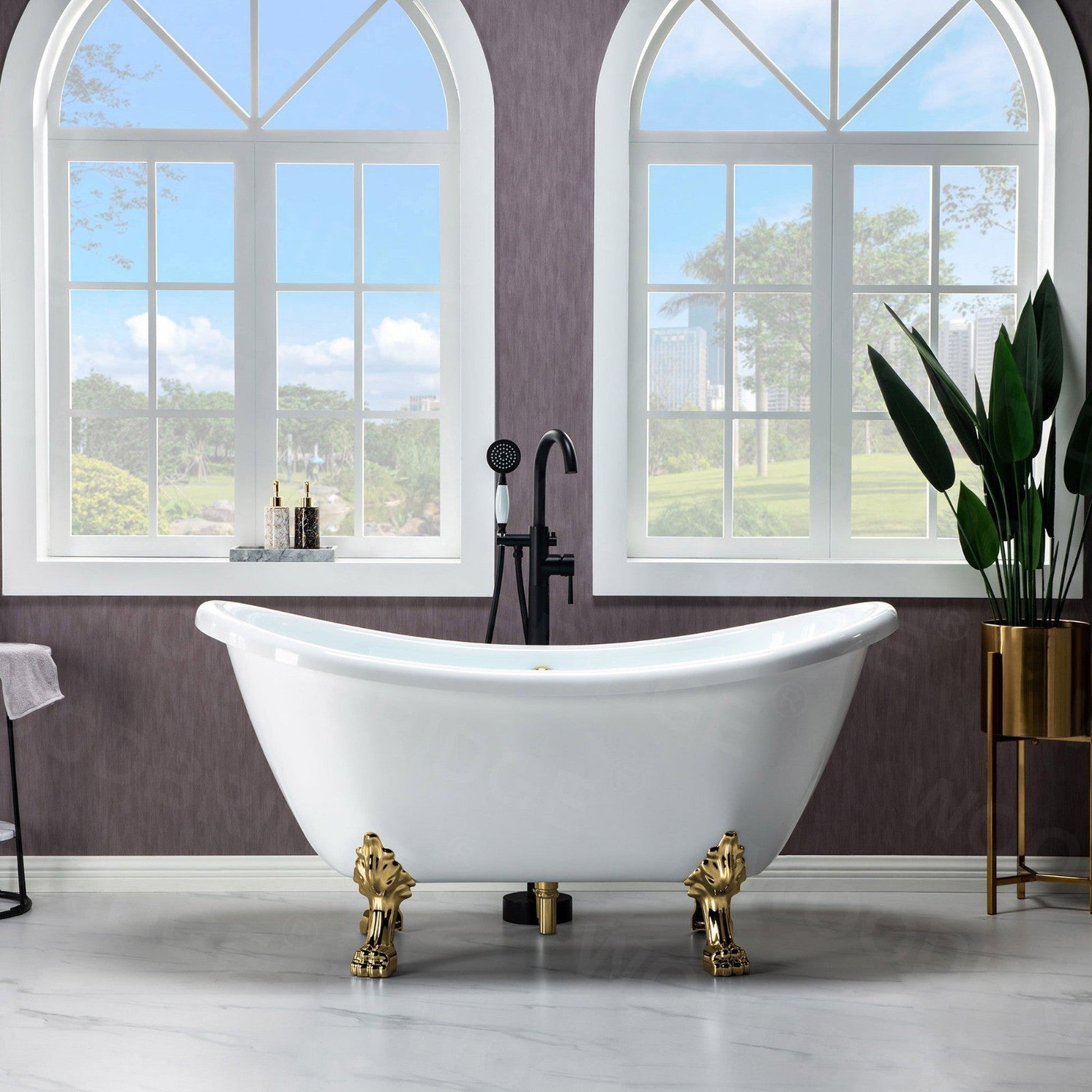 WoodBridge BTA1540 59" White Heavy Duty Acrylic Double Slipper Clawfoot Bathtub With Polished Gold Feet, Drain, Overflow, F-0019PG Tub Filler and Caddy Tray