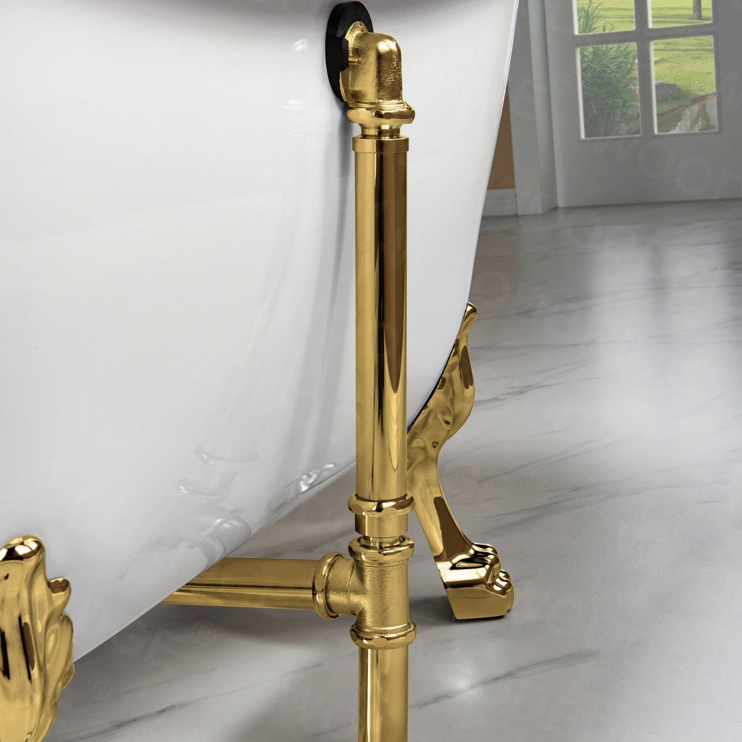 WoodBridge BTA1540 59" White Heavy Duty Acrylic Double Slipper Clawfoot Bathtub With Polished Gold Feet, Drain, Overflow, F-0019PG Tub Filler and Caddy Tray