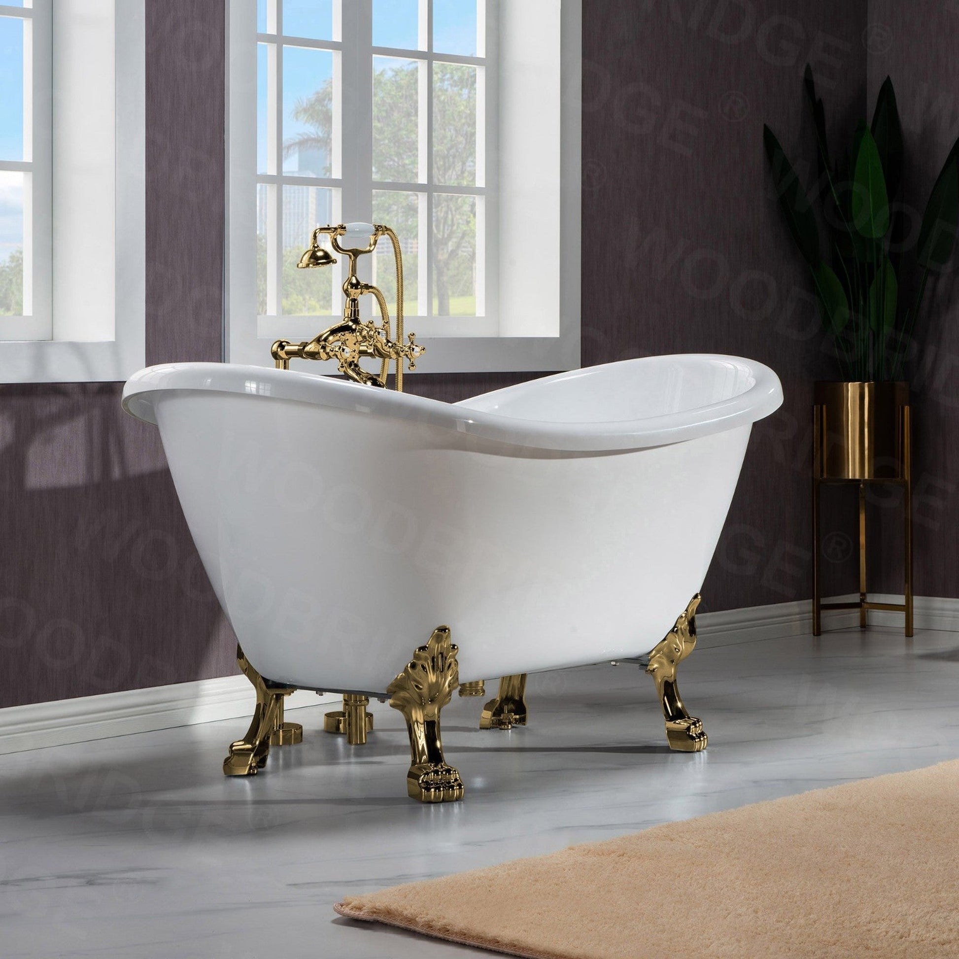 WoodBridge BTA1540 59" White Heavy Duty Acrylic Double Slipper Clawfoot Bathtub With Polished Gold Feet, Drain, Overflow, F-0019PG Tub Filler and Caddy Tray