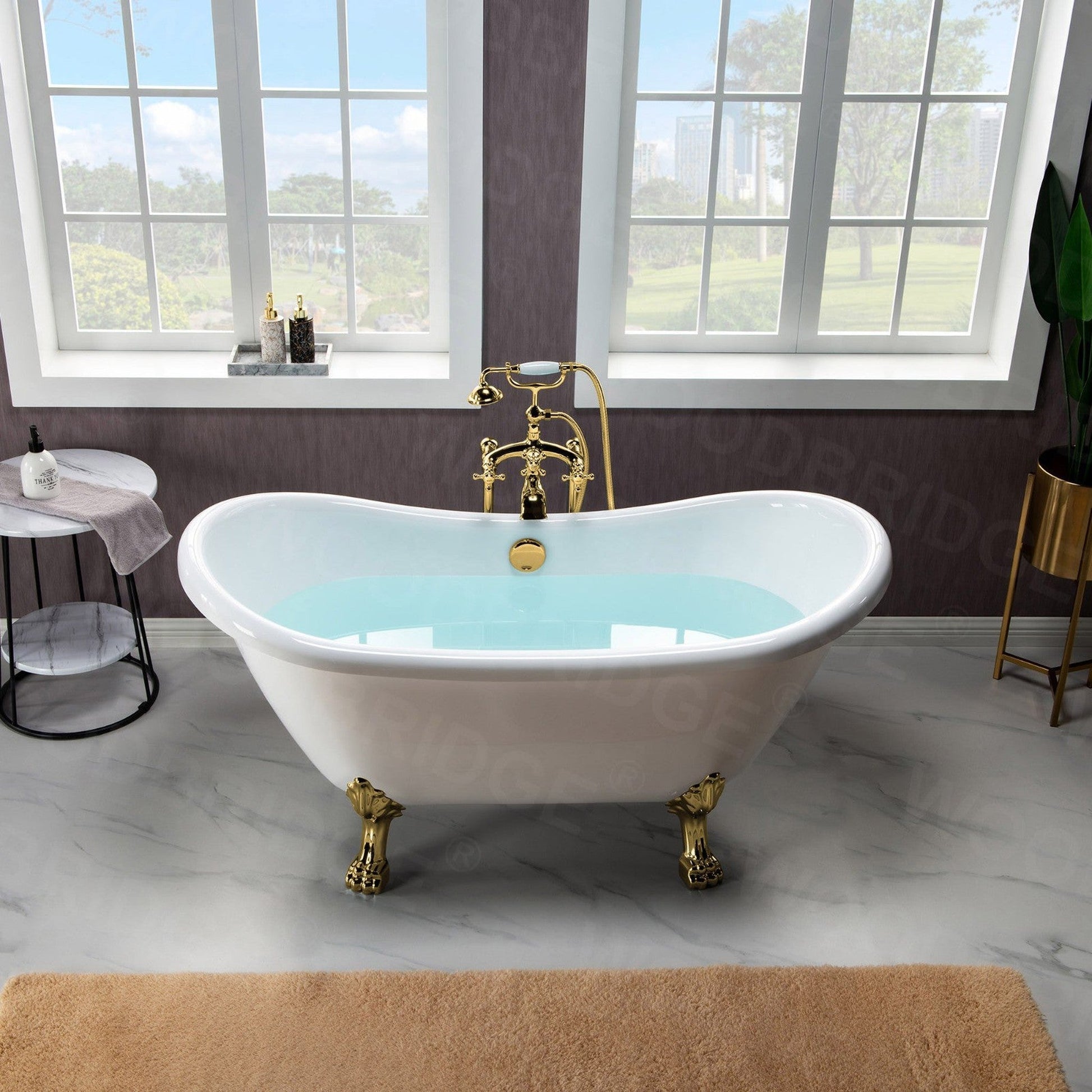 WoodBridge BTA1540 59" White Heavy Duty Acrylic Double Slipper Clawfoot Bathtub With Polished Gold Feet, Drain, Overflow, F-0019PG Tub Filler and Caddy Tray