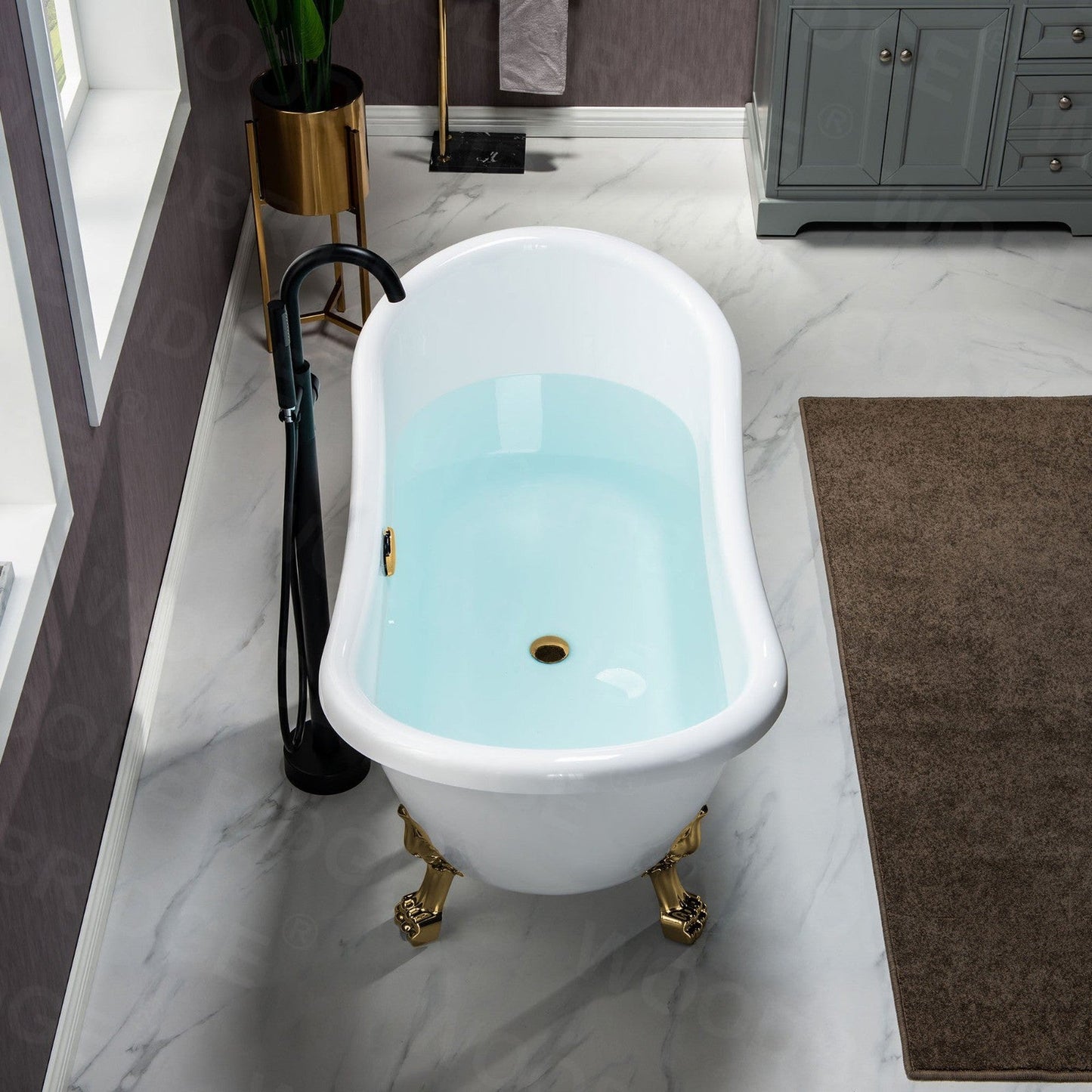 WoodBridge BTA1540 59" White Heavy Duty Acrylic Double Slipper Clawfoot Bathtub With Polished Gold Feet, Drain, Overflow, F-0019PG Tub Filler and Caddy Tray