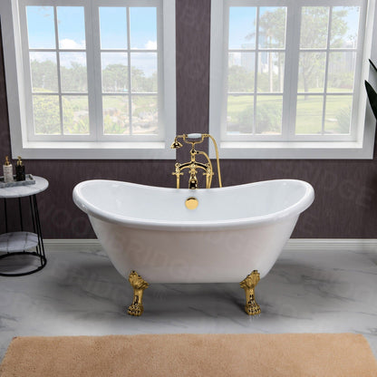 WoodBridge BTA1540 59" White Heavy Duty Acrylic Double Slipper Clawfoot Bathtub With Polished Gold Feet, Drain, Overflow, F-0019PG Tub Filler and Caddy Tray