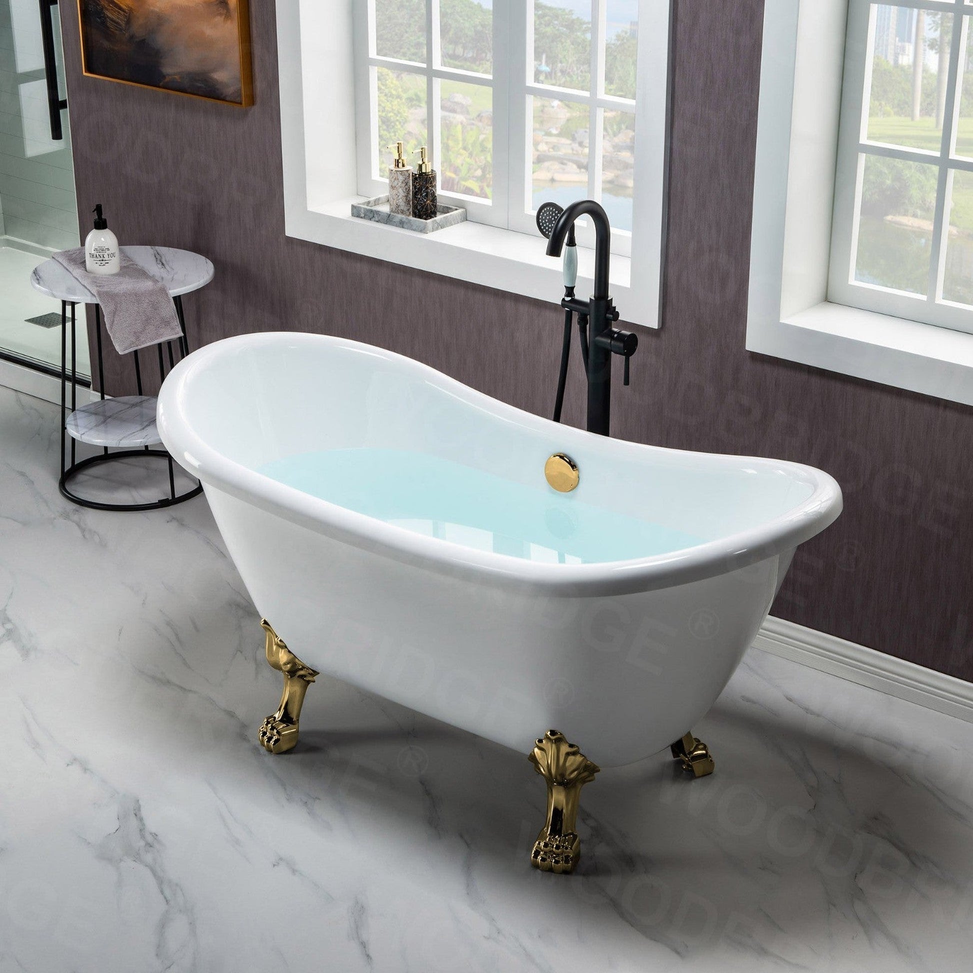 WoodBridge BTA1540 59" White Heavy Duty Acrylic Double Slipper Clawfoot Bathtub With Polished Gold Feet, Drain and Overflow