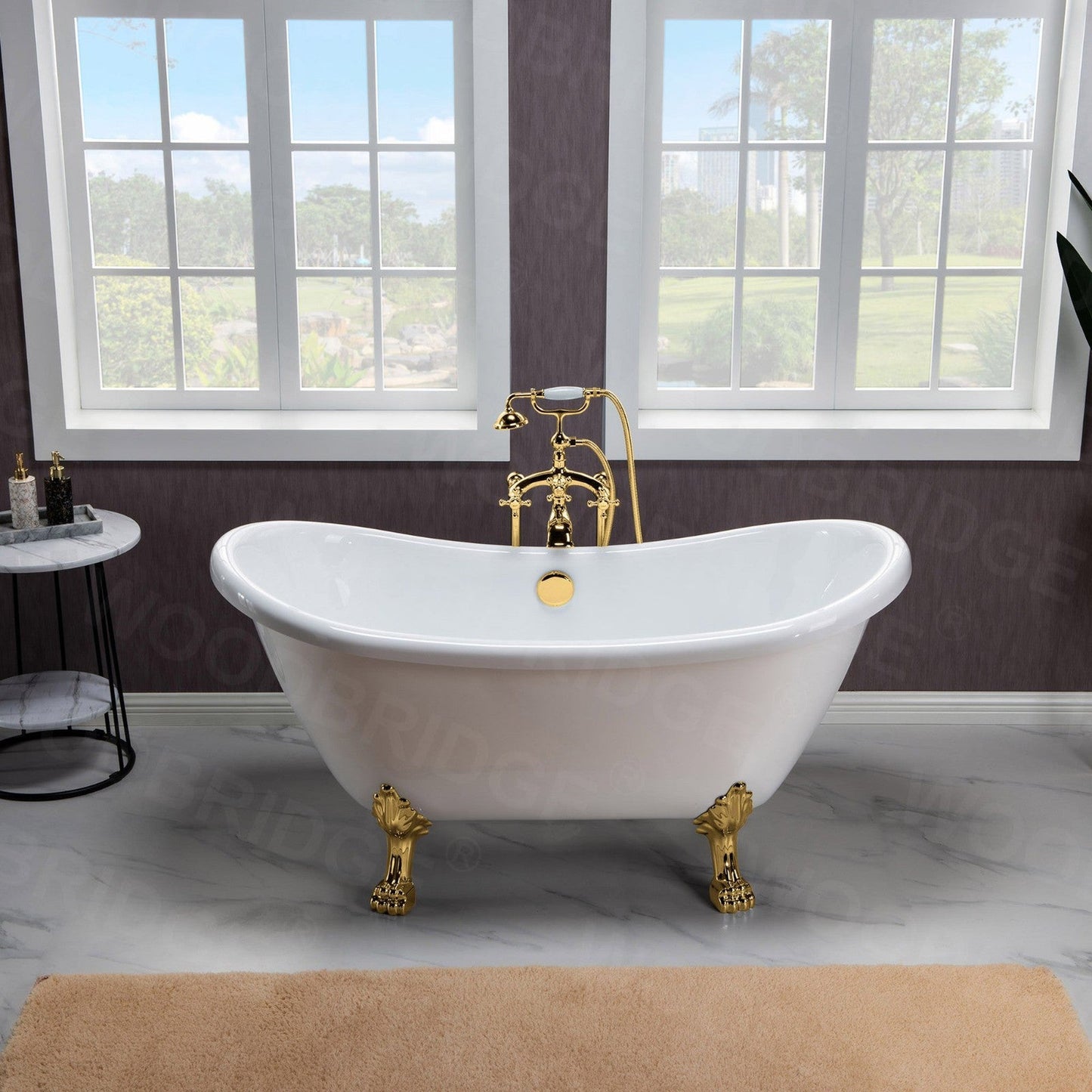 WoodBridge BTA1540 59" White Heavy Duty Acrylic Double Slipper Clawfoot Bathtub With Polished Gold Feet, Drain and Overflow