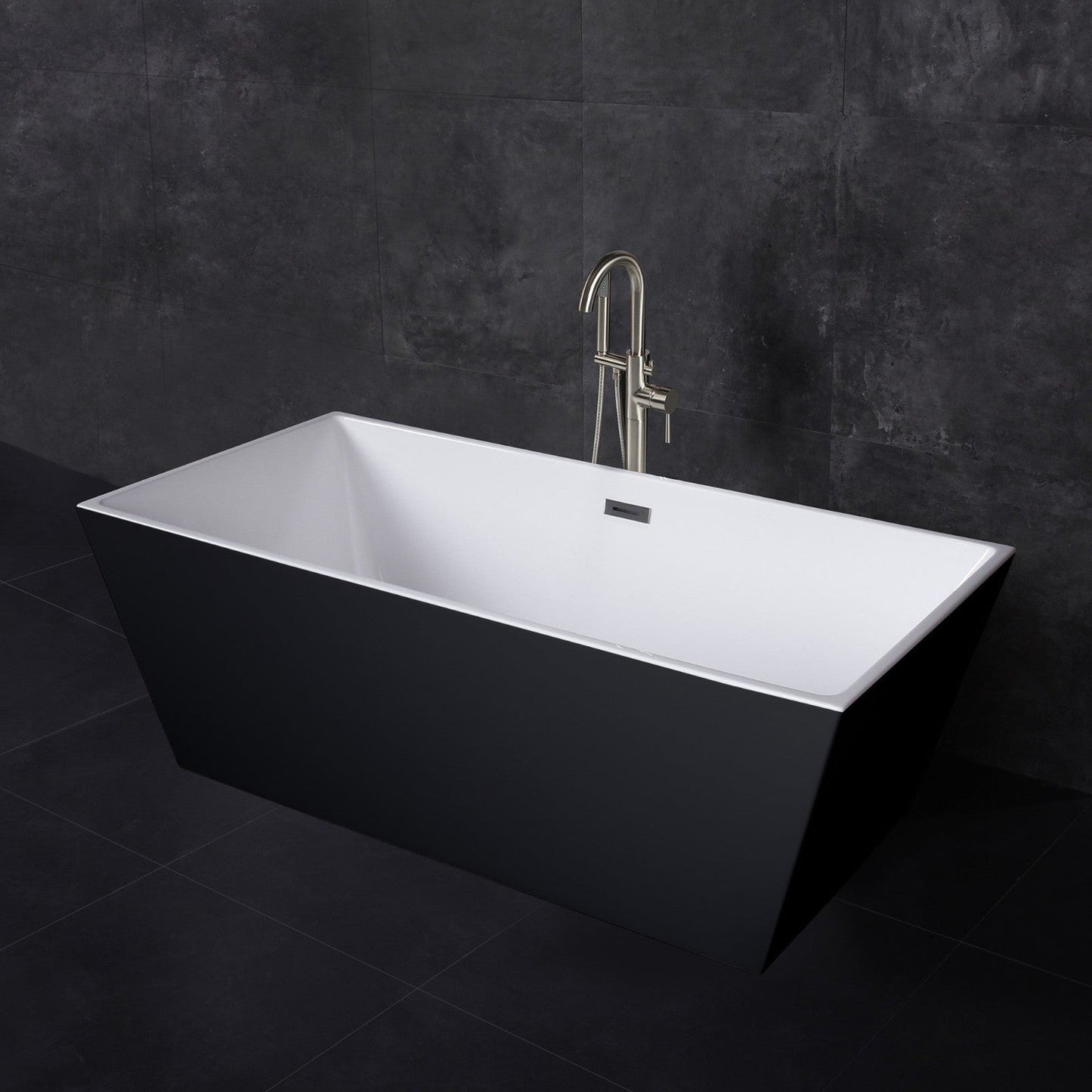 WoodBridge BTA1812 67" Black Acrylic Freestanding Soaking Bathtub With Brushed Nickel Drain, Overflow, F0070BNVT Tub Filler and Caddy Tray