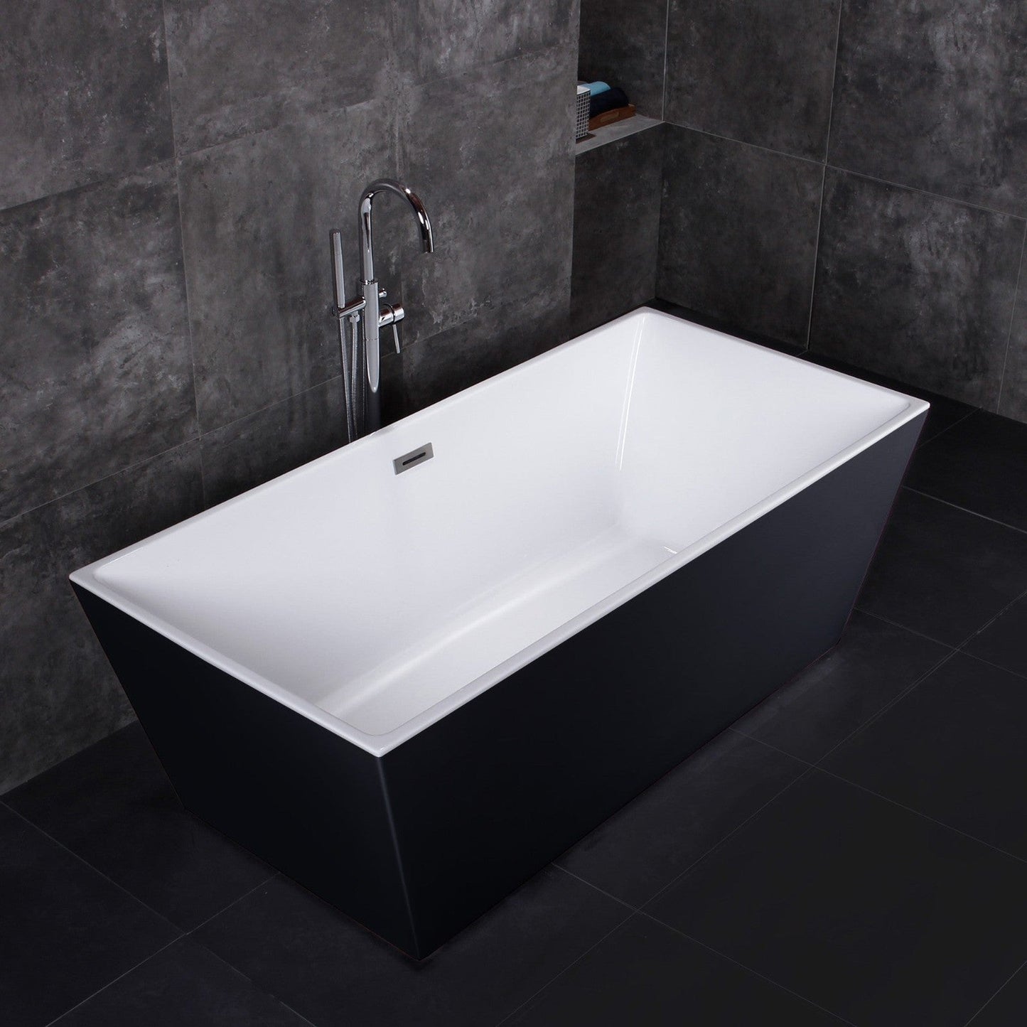 WoodBridge BTA1812 67" Black Acrylic Freestanding Soaking Bathtub With Brushed Nickel Drain, Overflow, F0070BNVT Tub Filler and Caddy Tray