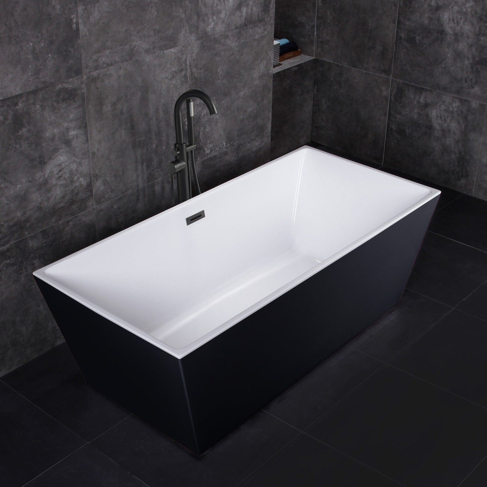 WoodBridge BTA1812 67" Black Acrylic Freestanding Soaking Bathtub With Matte Black Drain, Overflow, F0072MBVT Tub Filler and Caddy Tray