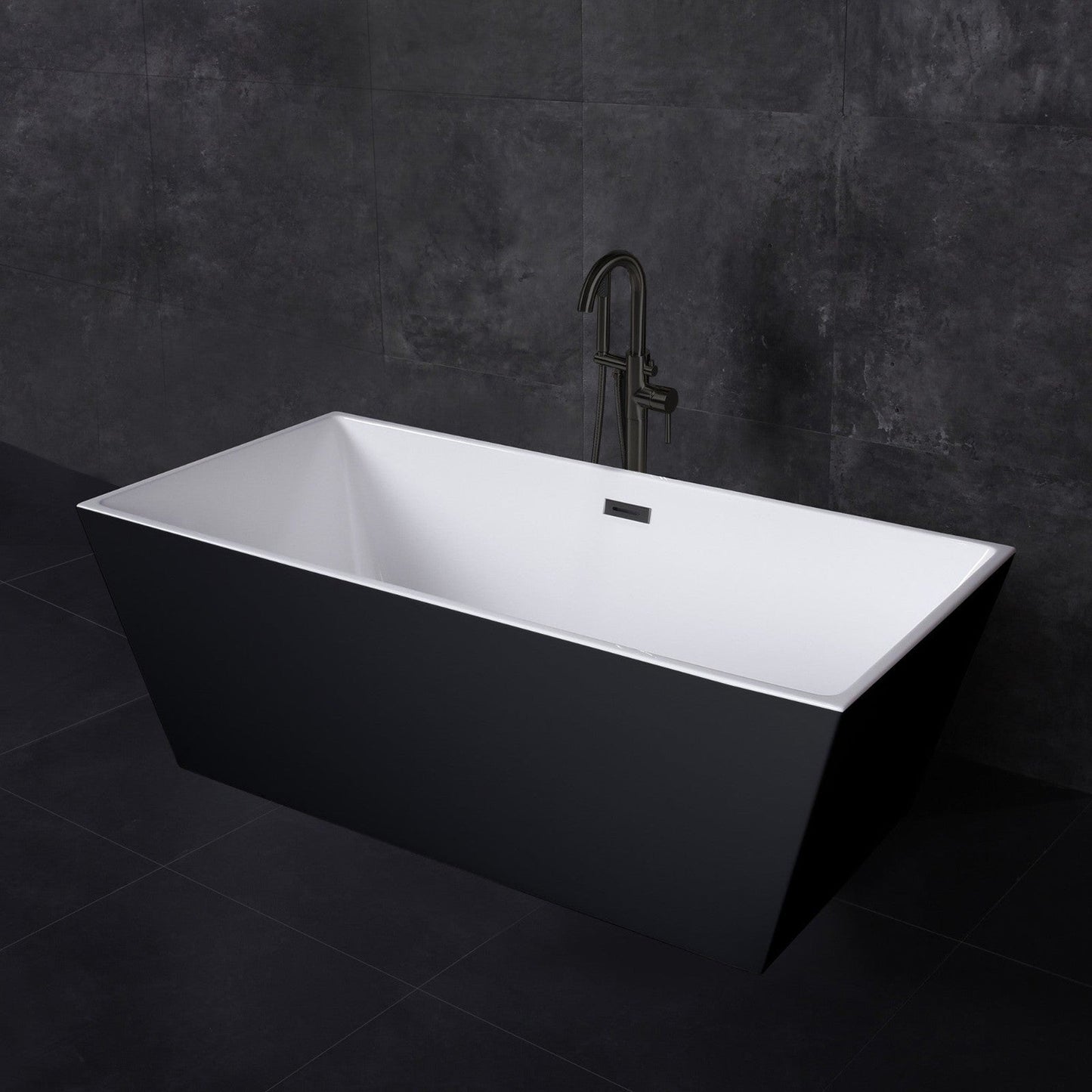 WoodBridge BTA1812 67" Black Acrylic Freestanding Soaking Bathtub With Matte Black Drain, Overflow, F0072MBVT Tub Filler and Caddy Tray