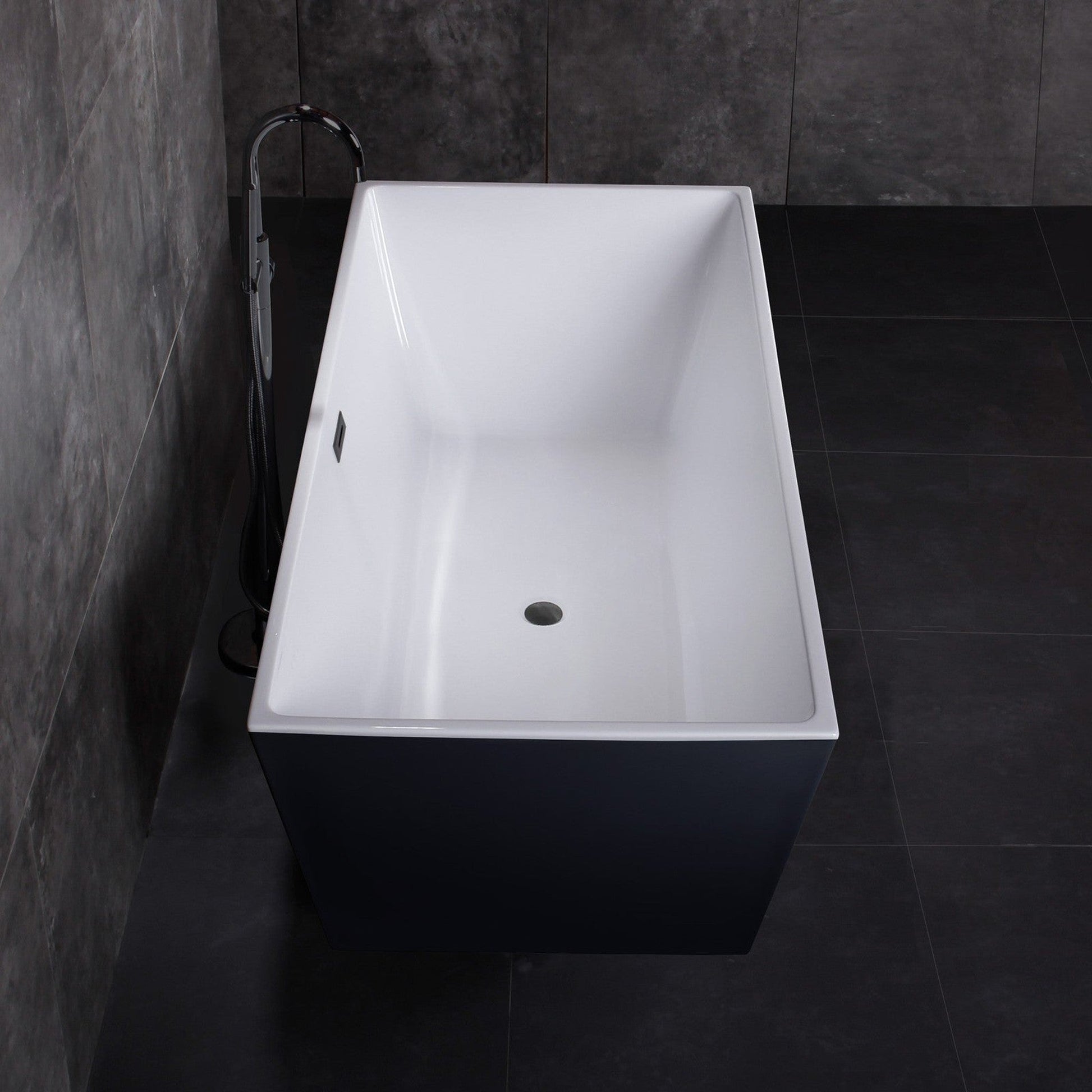 WoodBridge BTA1812 67" Black Acrylic Freestanding Soaking Bathtub With Matte Black Drain, Overflow, F0072MBVT Tub Filler and Caddy Tray
