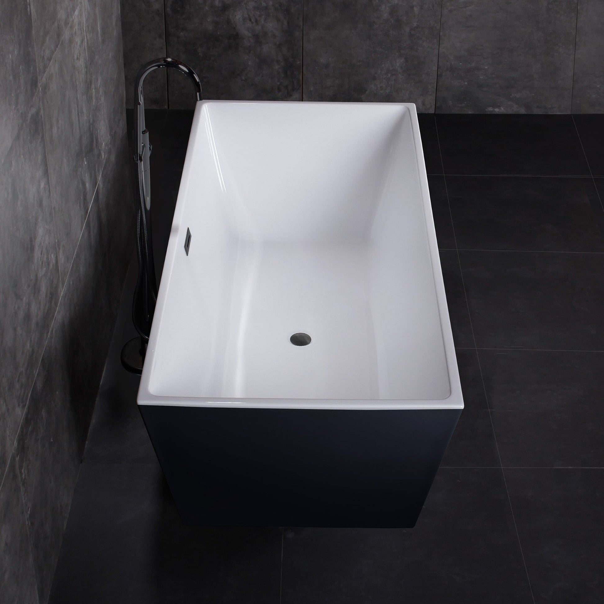 WoodBridge BTA1812 67" Black Acrylic Freestanding Soaking Bathtub With Matte Black Drain and Overflow