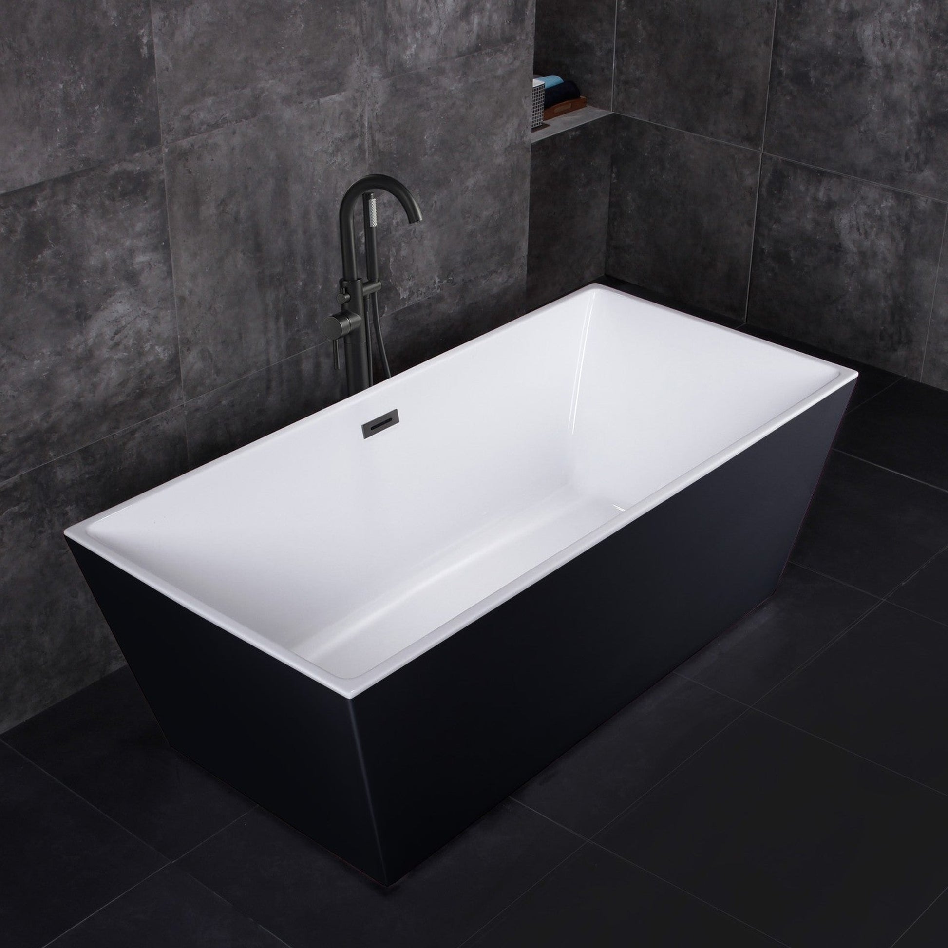 WoodBridge BTA1812 67" Black Acrylic Freestanding Soaking Bathtub With Matte Black Drain and Overflow