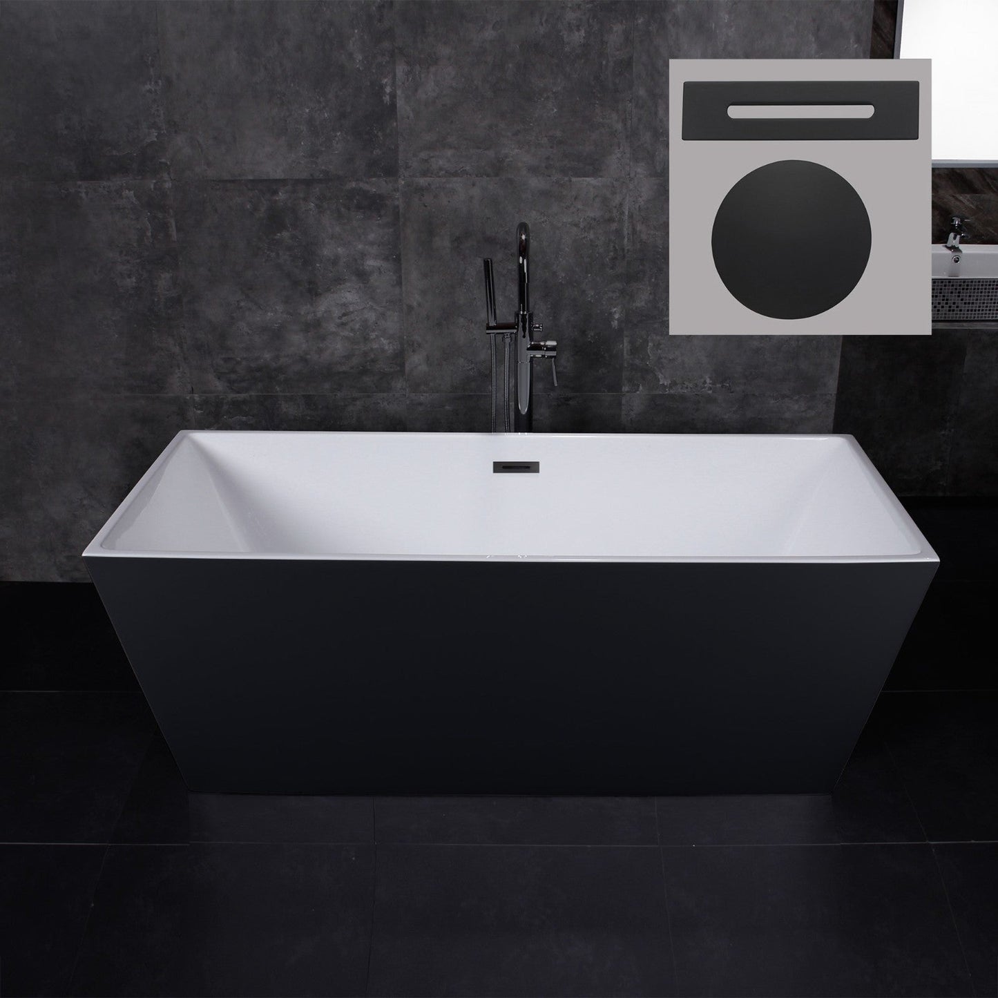 WoodBridge BTA1812 67" Black Acrylic Freestanding Soaking Bathtub With Matte Black Drain and Overflow