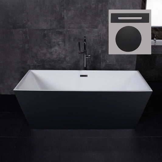 WoodBridge BTA1812 67" Black Acrylic Freestanding Soaking Bathtub With Matte Black Drain and Overflow