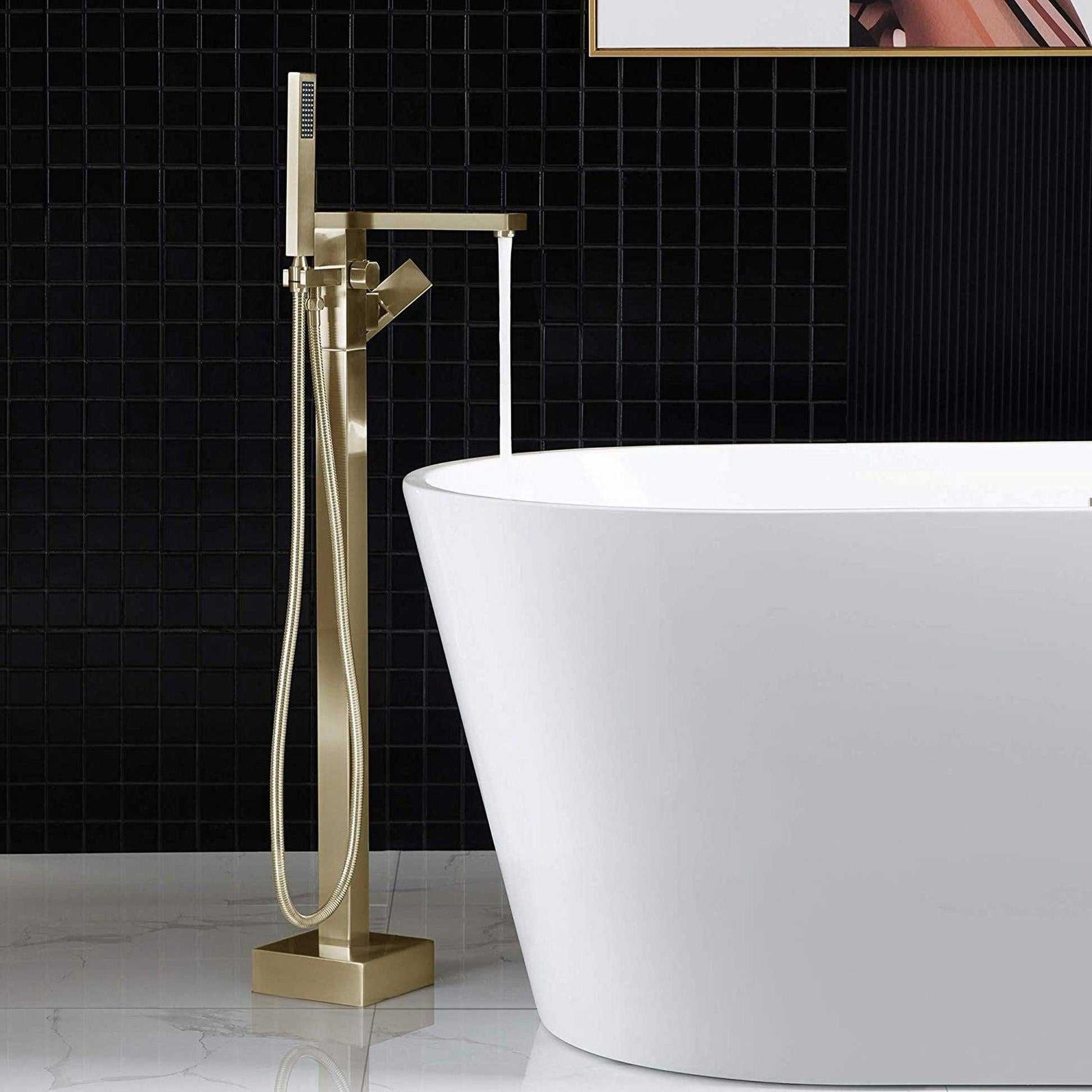 WoodBridge F-0003 Brushed Gold Contemporary Single Handle Floor Mount Freestanding Tub Filler Faucet With Hand Shower