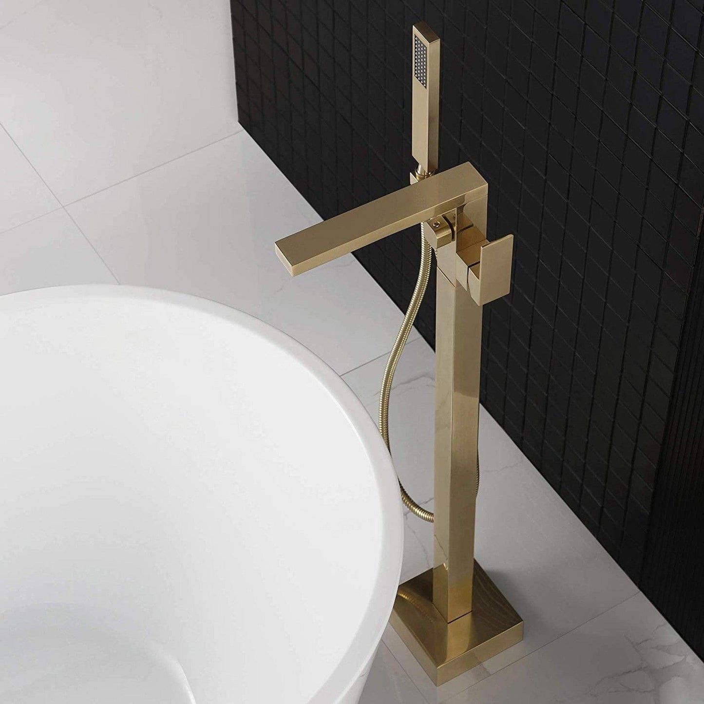 WoodBridge F-0003 Brushed Gold Contemporary Single Handle Floor Mount Freestanding Tub Filler Faucet With Hand Shower