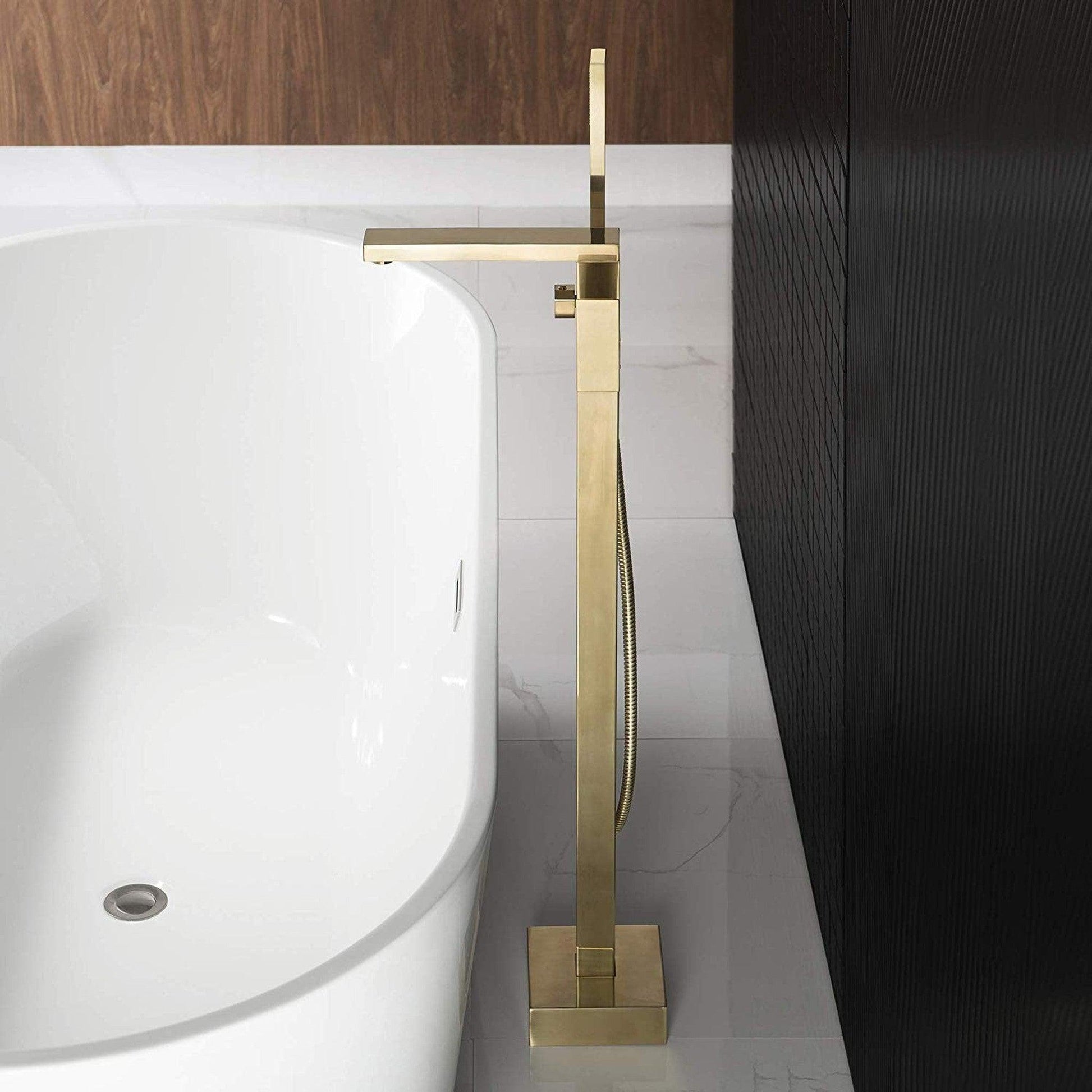 WoodBridge F-0003 Brushed Gold Contemporary Single Handle Floor Mount Freestanding Tub Filler Faucet With Hand Shower