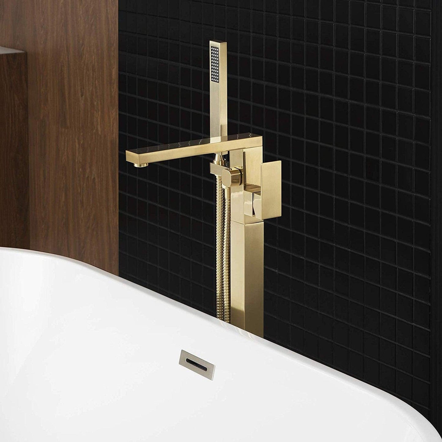 WoodBridge F-0003 Brushed Gold Contemporary Single Handle Floor Mount Freestanding Tub Filler Faucet With Hand Shower