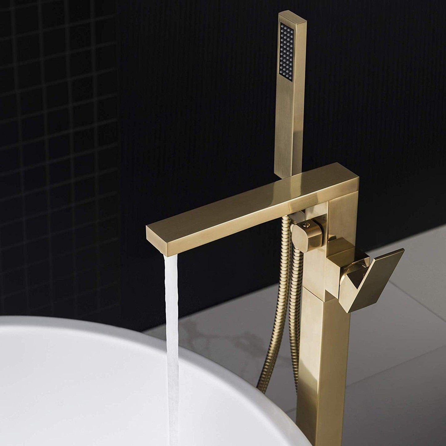 WoodBridge F-0003 Brushed Gold Contemporary Single Handle Floor Mount Freestanding Tub Filler Faucet With Hand Shower