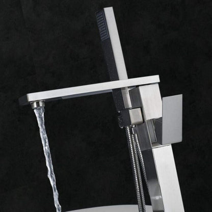 WoodBridge F-0003 Brushed Nickel Contemporary Single Handle Floor Mount Freestanding Tub Filler Faucet With Hand Shower