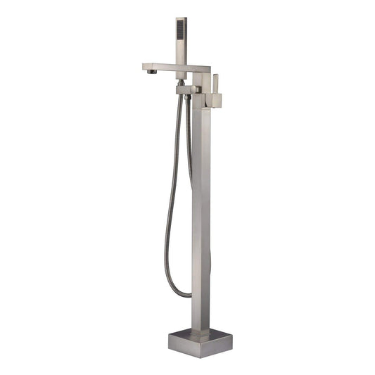 WoodBridge F-0003 Brushed Nickel Contemporary Single Handle Floor Mount Freestanding Tub Filler Faucet With Hand Shower