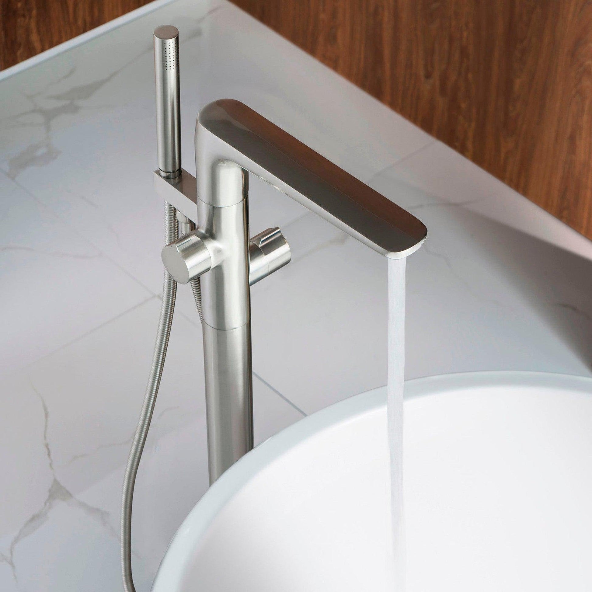 WoodBridge F-0014 Brushed Nickel Contemporary Single Handle Floor Mount Freestanding Tub Filler Faucet With Hand Shower