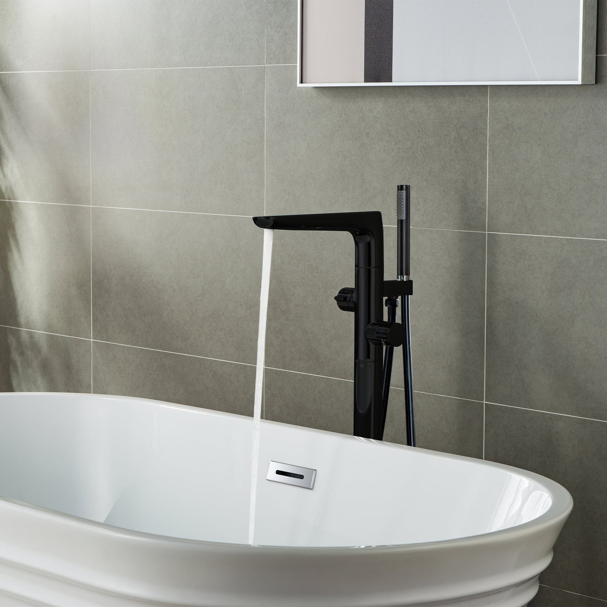 WoodBridge F-0015 Matte Black Contemporary Single Handle Floor Mount Freestanding Tub Filler Faucet With Hand Shower