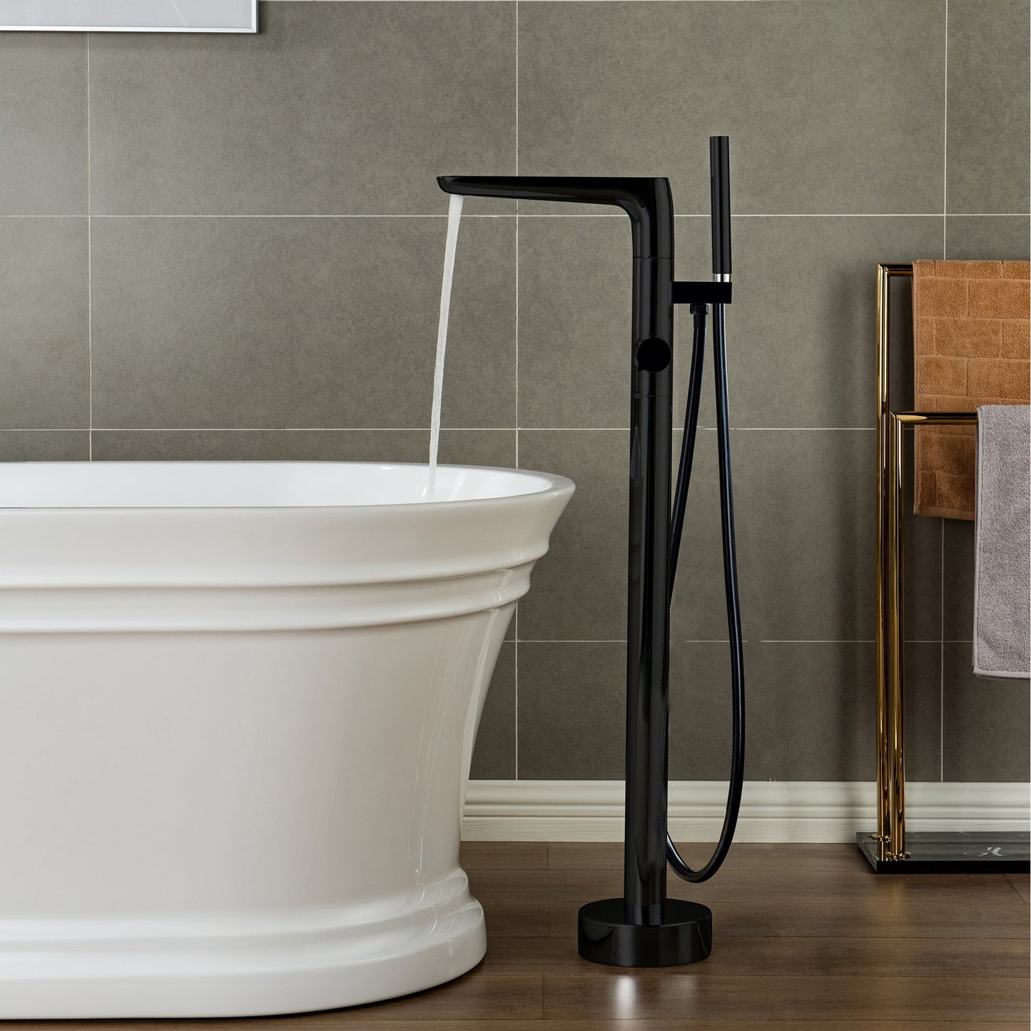 WoodBridge F-0015 Matte Black Contemporary Single Handle Floor Mount Freestanding Tub Filler Faucet With Hand Shower