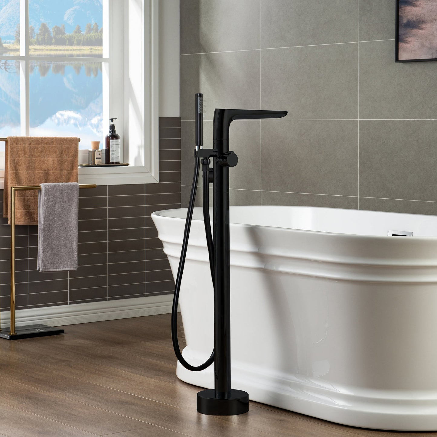 WoodBridge F-0015 Matte Black Contemporary Single Handle Floor Mount Freestanding Tub Filler Faucet With Hand Shower