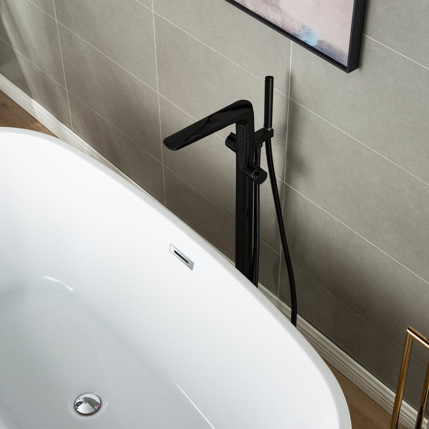 WoodBridge F-0015 Matte Black Contemporary Single Handle Floor Mount Freestanding Tub Filler Faucet With Hand Shower