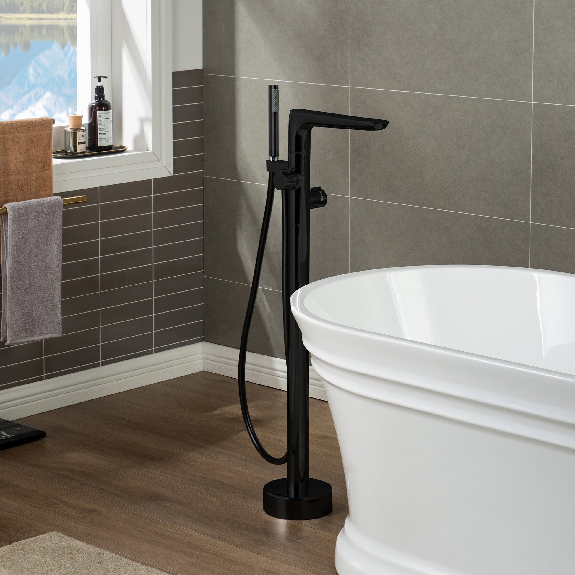 WoodBridge F-0015 Matte Black Contemporary Single Handle Floor Mount Freestanding Tub Filler Faucet With Hand Shower