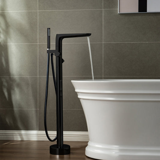 WoodBridge F-0015 Matte Black Contemporary Single Handle Floor Mount Freestanding Tub Filler Faucet With Hand Shower