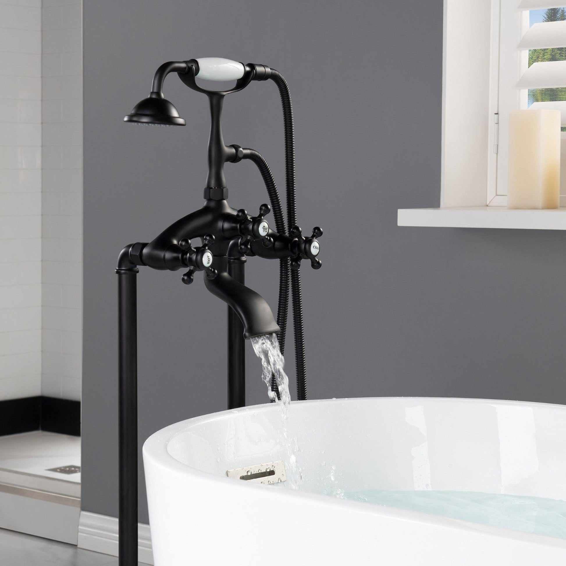 WoodBridge F-0020MB Matte Black Freestanding Clawfoot Tub Filler Faucet With Hand Shower and Hose