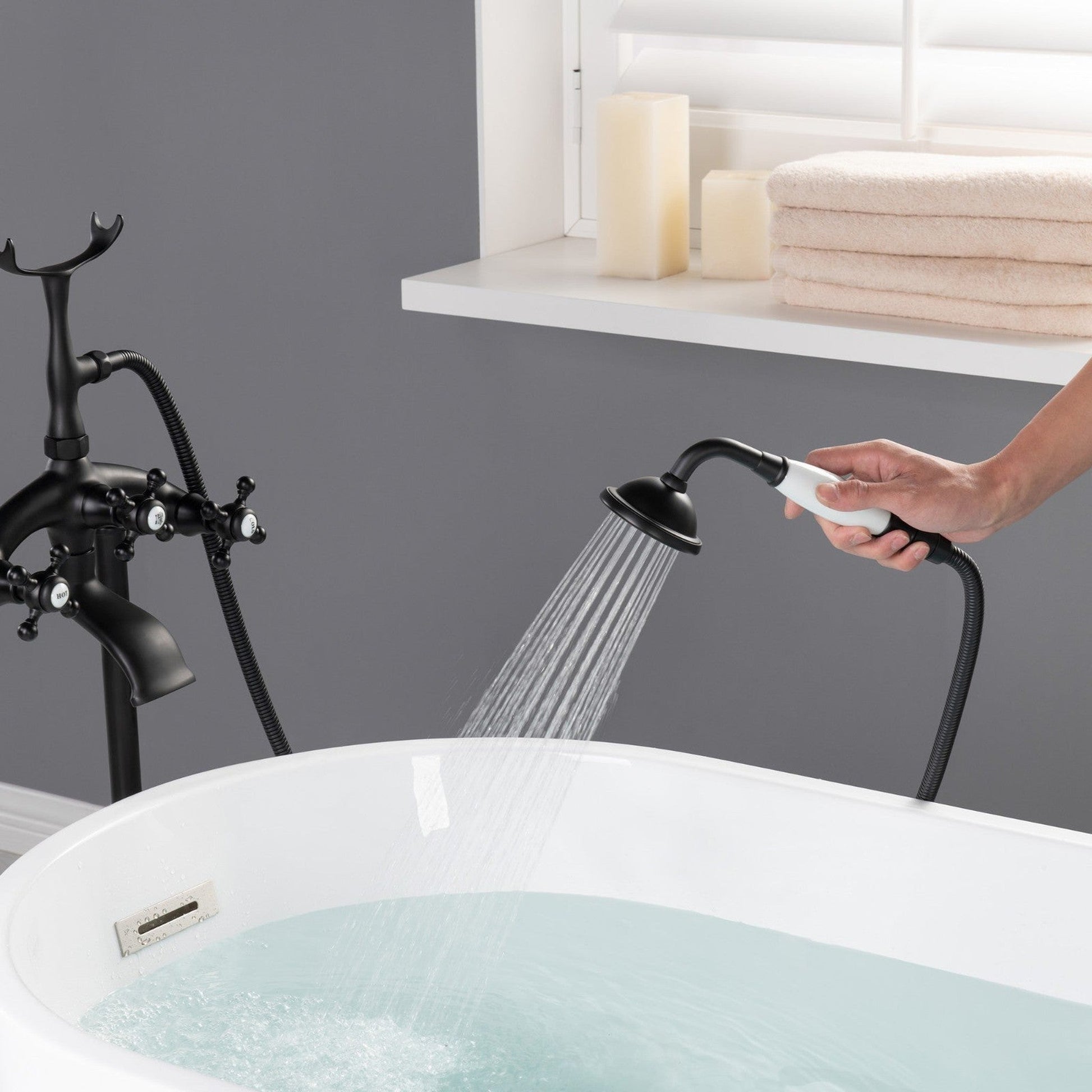 WoodBridge F-0020MB Matte Black Freestanding Clawfoot Tub Filler Faucet With Hand Shower and Hose