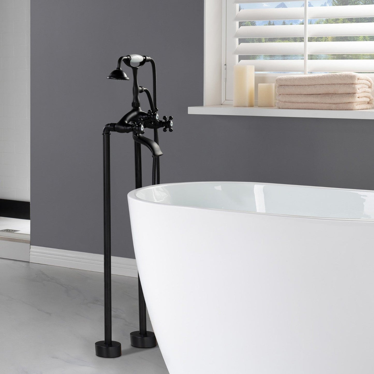 WoodBridge F-0020MB Matte Black Freestanding Clawfoot Tub Filler Faucet With Hand Shower and Hose