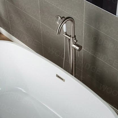 WoodBridge F0001BNVT Brushed Nickel Contemporary Single Handle Floor Mount Freestanding Tub Filler Faucet With Telephone Hand Shower