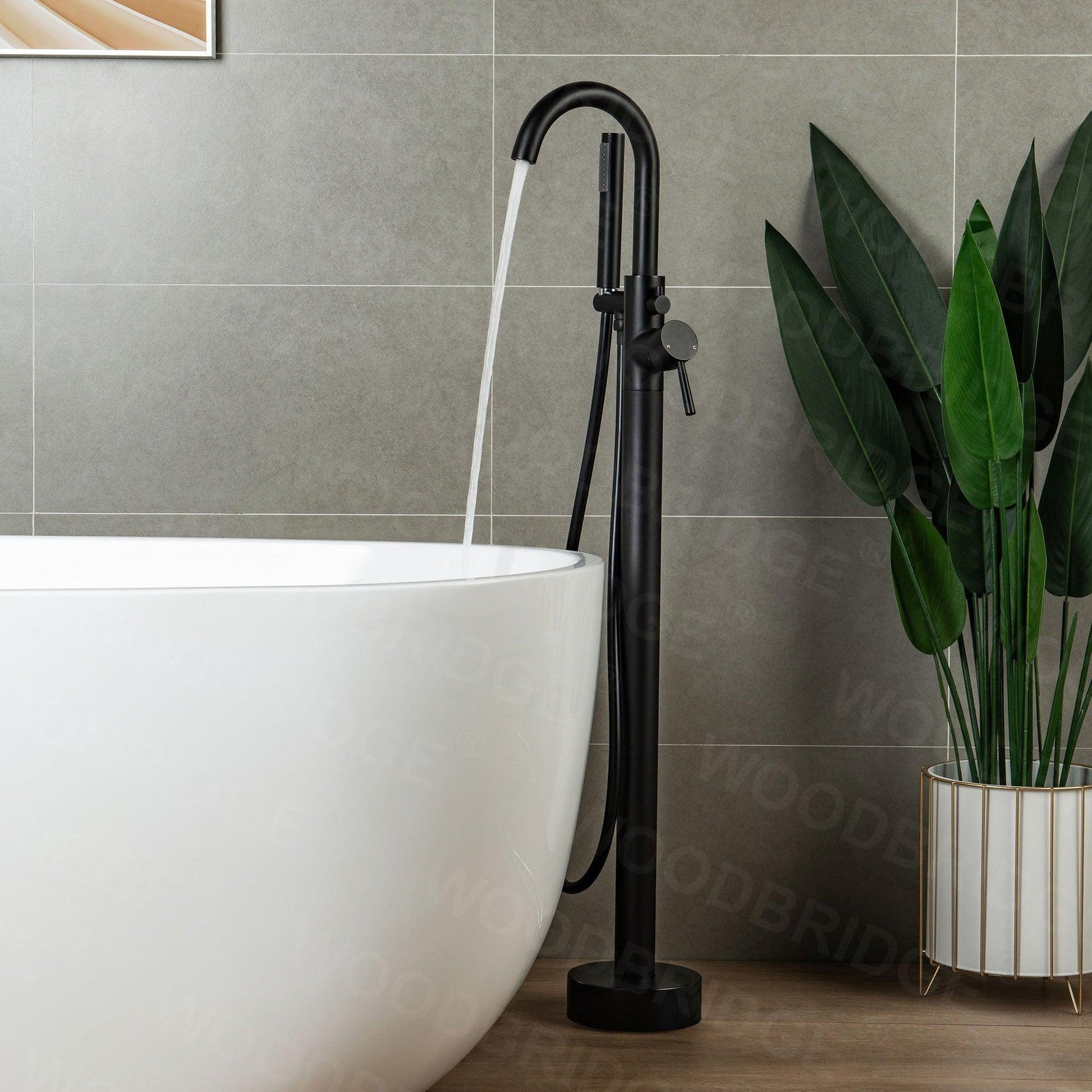 WoodBridge F0006MBRD Matte Black Contemporary Single Handle Floor Mount Freestanding Tub Filler Faucet With Hand Shower