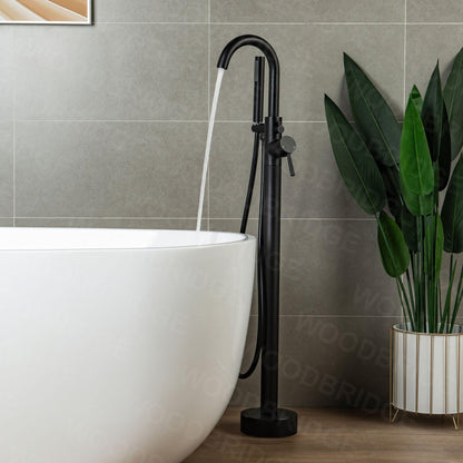 WoodBridge F0006MBRD Matte Black Contemporary Single Handle Floor Mount Freestanding Tub Filler Faucet With Hand Shower