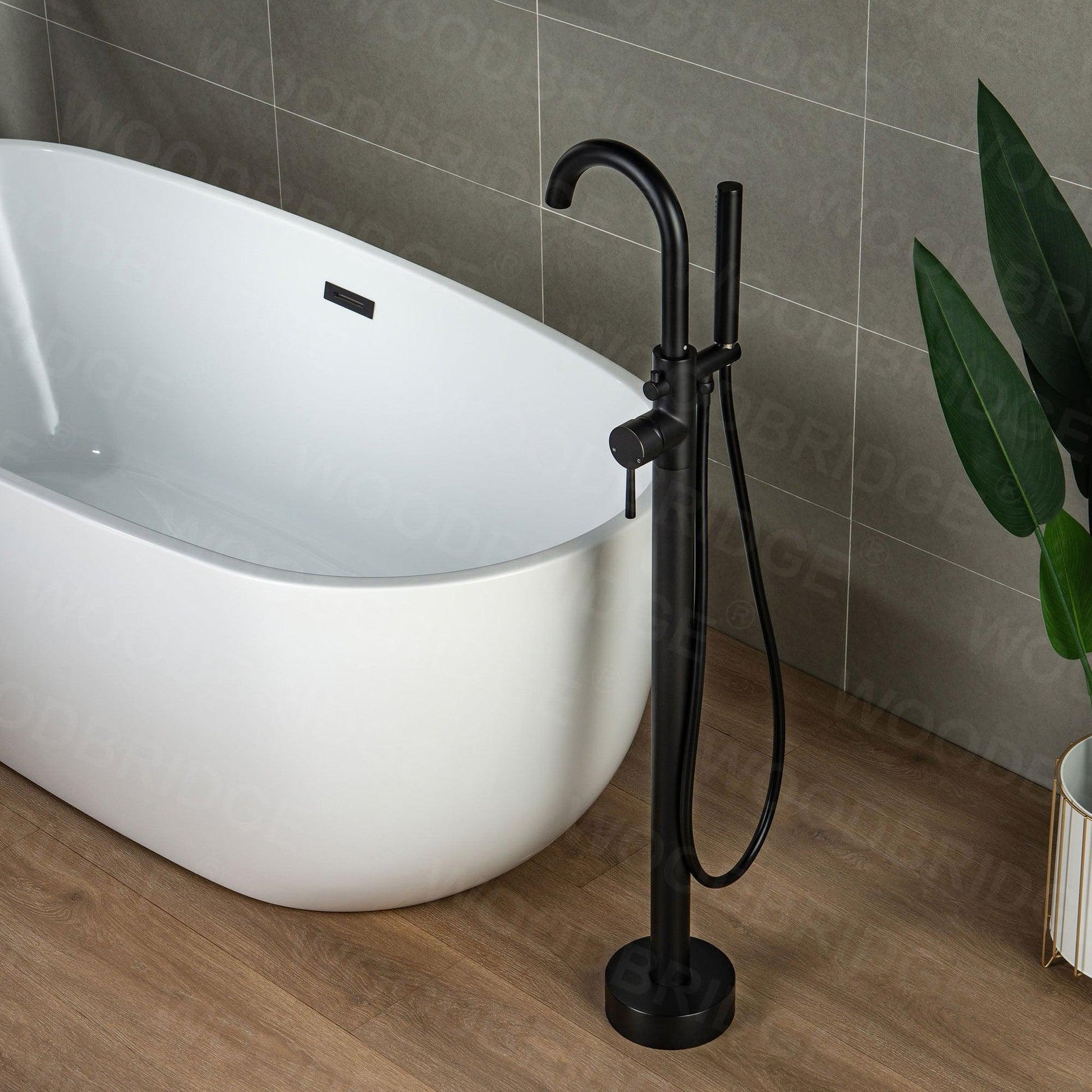 WoodBridge F0006MBRD Matte Black Contemporary Single Handle Floor Mount Freestanding Tub Filler Faucet With Hand Shower