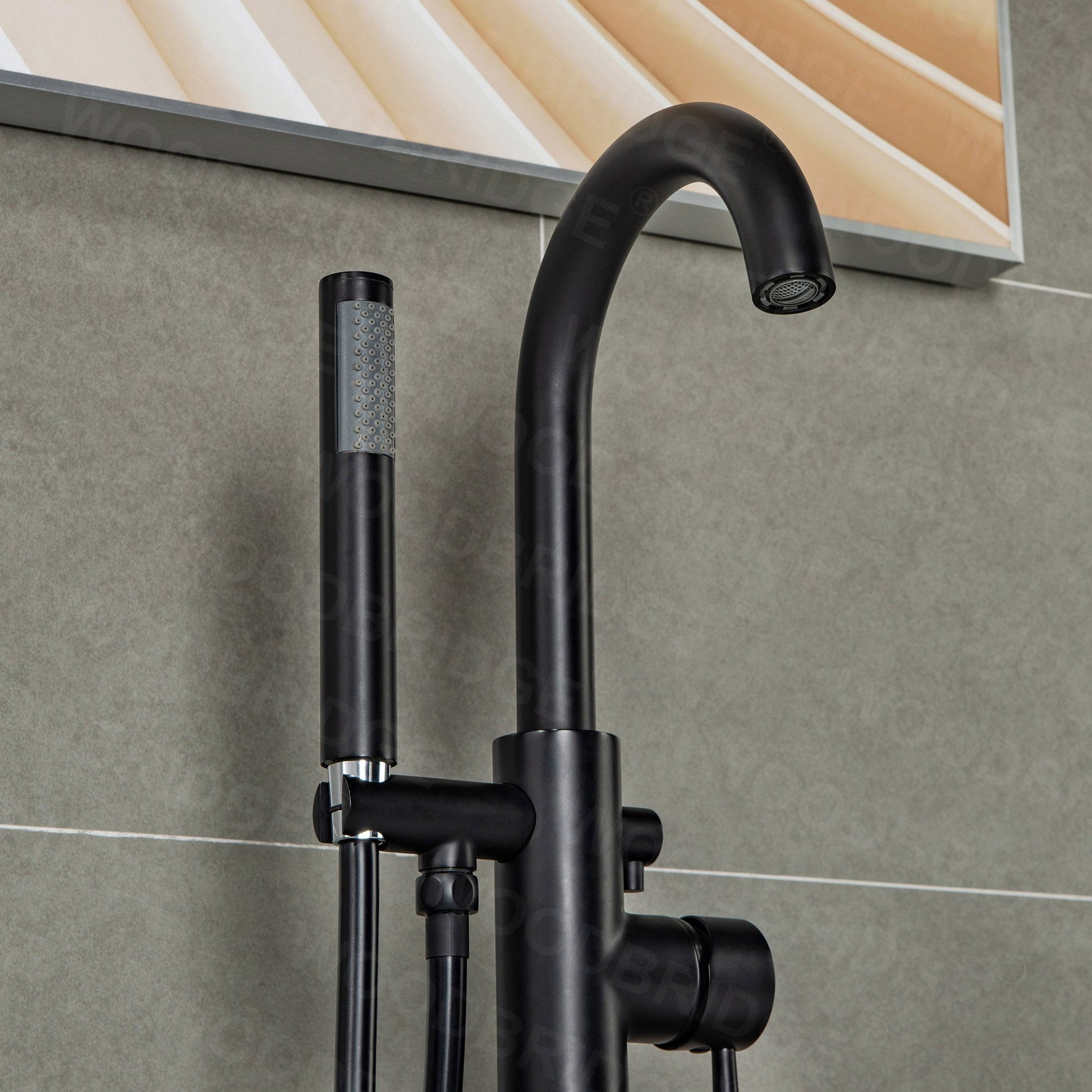 WoodBridge F0006MBRD Matte Black Contemporary Single Handle Floor Mount Freestanding Tub Filler Faucet With Hand Shower