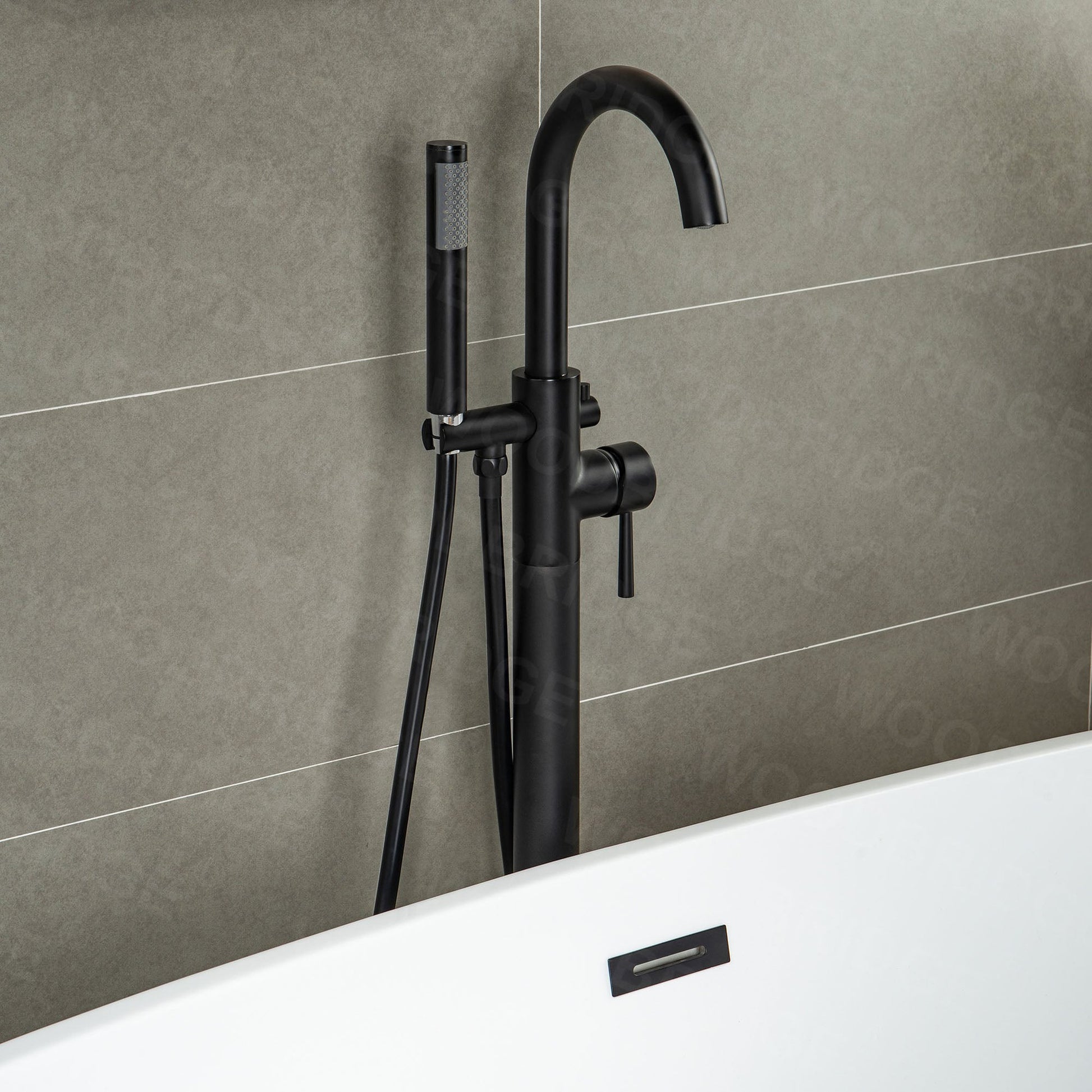 WoodBridge F0006MBRD Matte Black Contemporary Single Handle Floor Mount Freestanding Tub Filler Faucet With Hand Shower