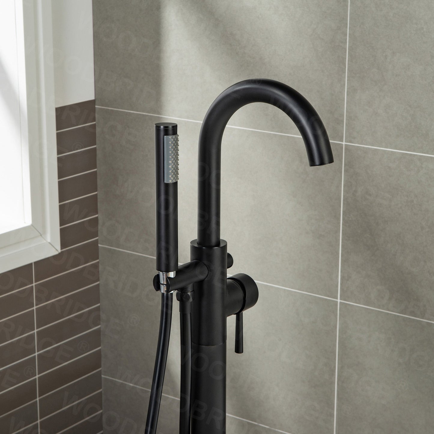 WoodBridge F0006MBRD Matte Black Contemporary Single Handle Floor Mount Freestanding Tub Filler Faucet With Hand Shower