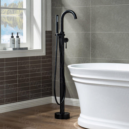 WoodBridge F0006MBRD Matte Black Contemporary Single Handle Floor Mount Freestanding Tub Filler Faucet With Hand Shower