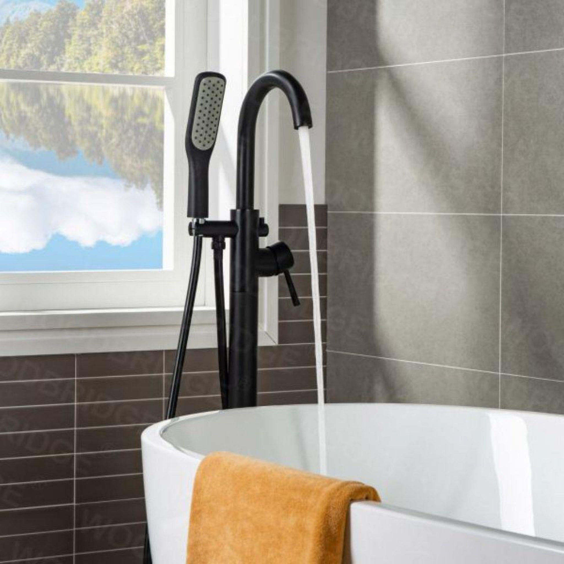 WoodBridge F0006MBSQ Matte Black Fusion Single Handle Floor Mount Freestanding Tub Filler Faucet With Square Shape Comfort Grip Hand Shower