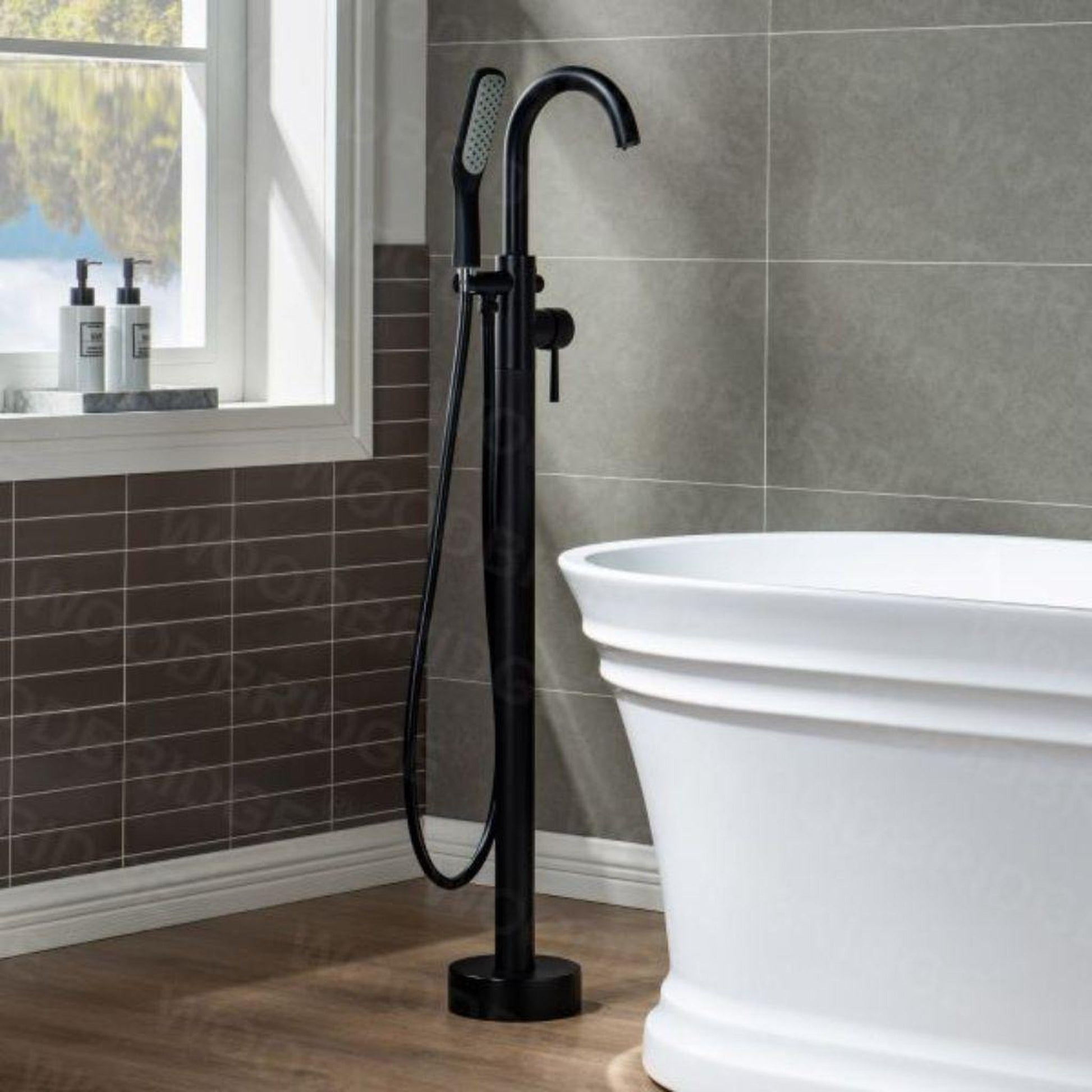 WoodBridge F0006MBSQ Matte Black Fusion Single Handle Floor Mount Freestanding Tub Filler Faucet With Square Shape Comfort Grip Hand Shower