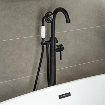 WoodBridge F0006MBVT Matte Black Fusion Single Handle Floor Mount Freestanding Tub Filler Faucet With Telephone Hand Shower