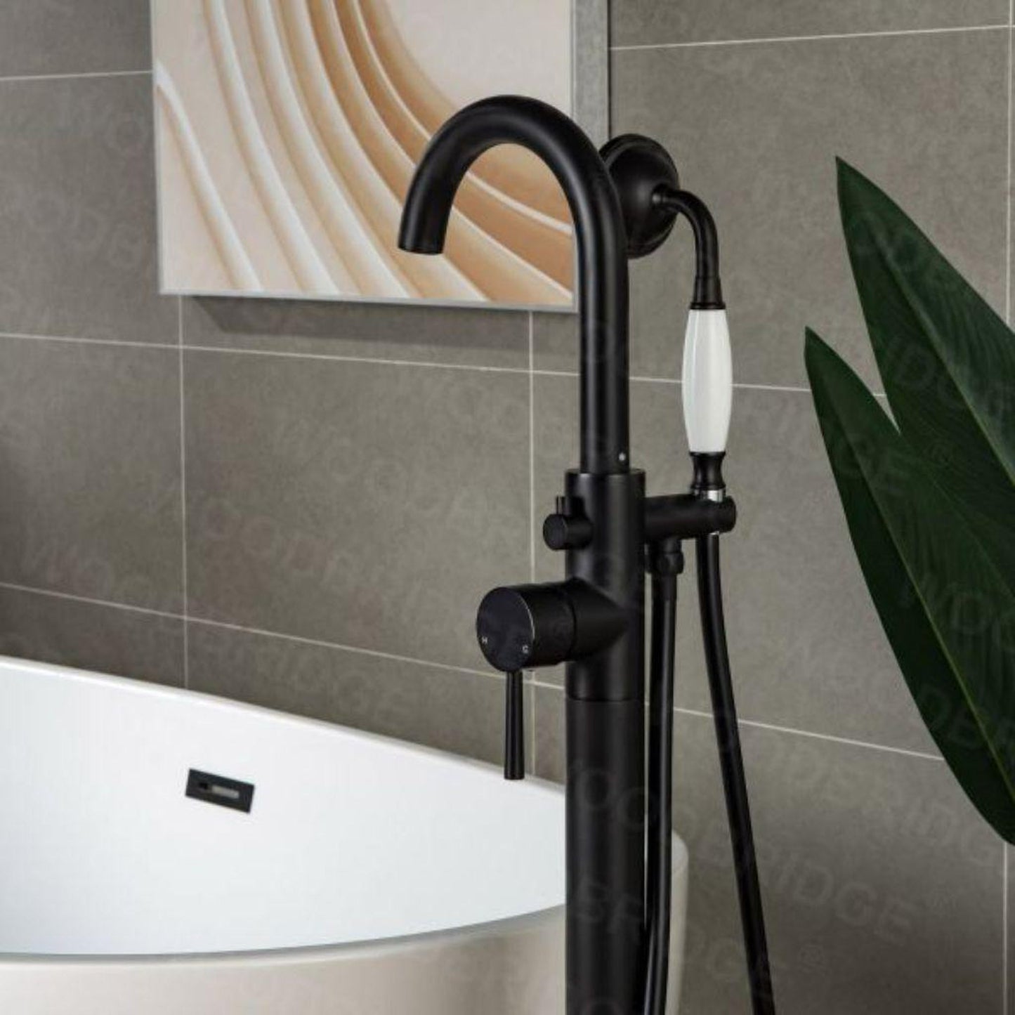 WoodBridge F0006MBVT Matte Black Fusion Single Handle Floor Mount Freestanding Tub Filler Faucet With Telephone Hand Shower